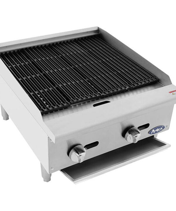 Atosa ATCB-24 24-inch gas countertop char-rock charbroiler in stainless steel, front view