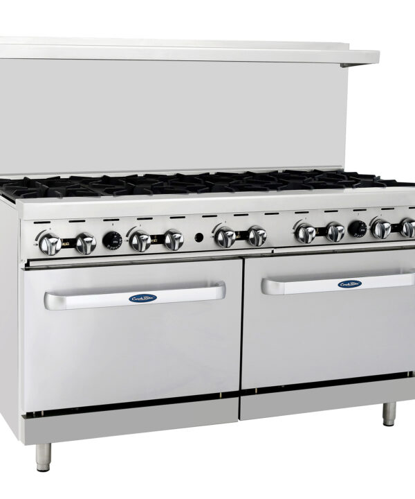 Atosa AGR-10B-NG 60 inch 10-burner natural gas range with two ovens in stainless steel, front view