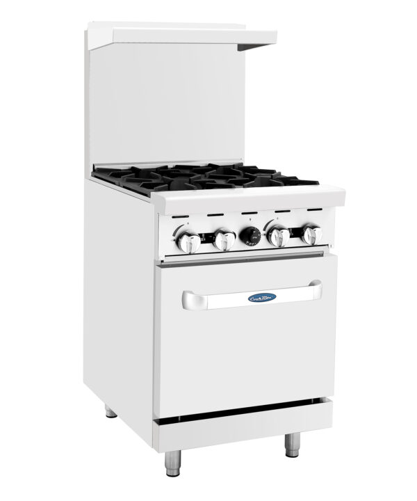 Atosa AGR-4B-NG 24-inch natural gas range in stainless steel, front view with four open burners and oven