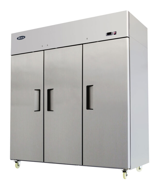 Atosa MBF8003GR 3-door reach-in freezer in stainless steel, front view