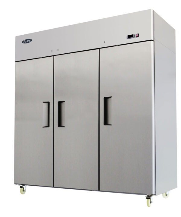 Atosa MBF8006GR 3-door reach-in refrigerator in stainless steel, front view