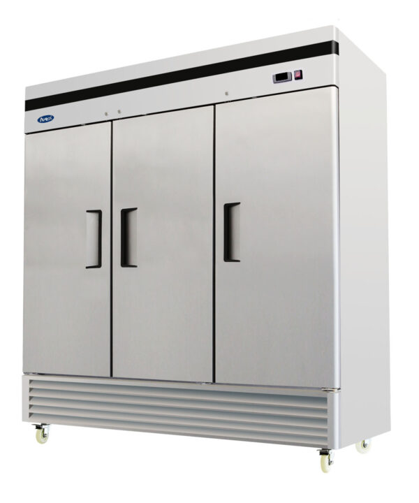 Atosa MBF8504GR 3-door reach-in freezer in stainless steel, front view
