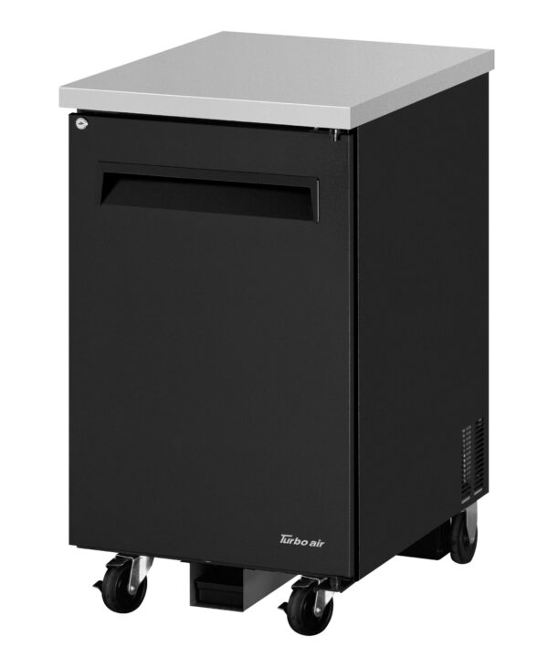 Turbo Air TBB-1SBD-N6 one-door back bar cooler in black with stainless steel top, front view