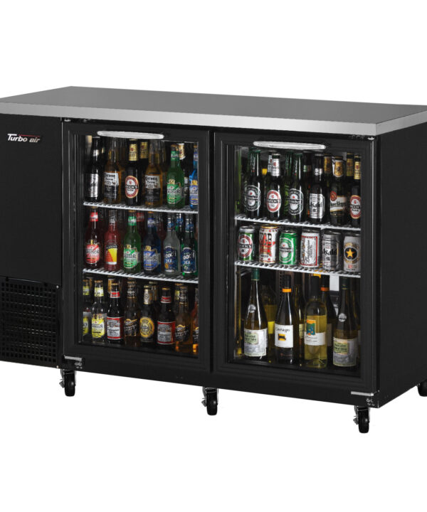 Turbo Air TBB-24-48SGD-N back bar cooler in black with stainless steel top, two glass doors, front view