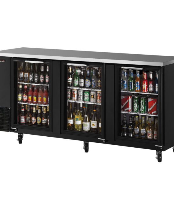 Turbo Air TBB-24-72SGD-N 3-glass-door narrow back bar cooler in stainless steel and black, front view