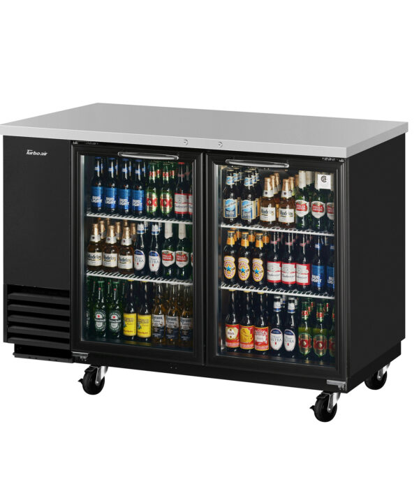 Turbo Air TBB-2SGD-N two-glass-door back bar cooler in black with stainless steel countertop, front view