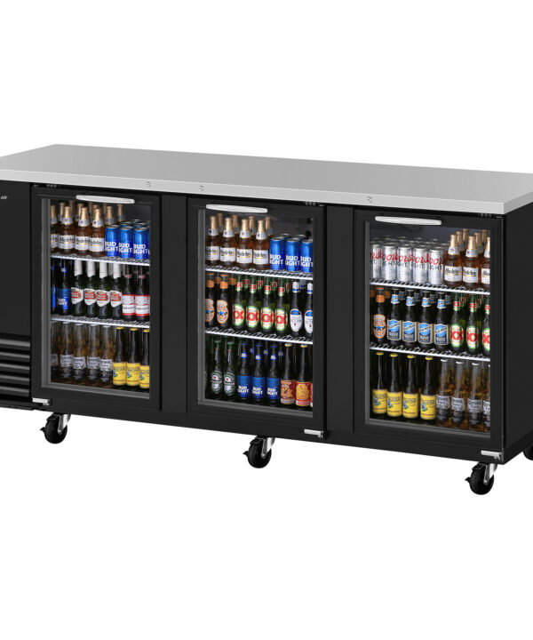 Turbo Air TBB-4SGD-N three-section back bar cooler with black vinyl exterior and three glass doors, front view