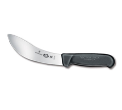 Victorinox 5.7803.15 6-inch curved skinning knife with black Fibrox Pro handle, side view