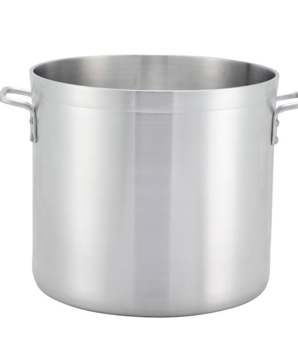 Winco AXHH-120 120 qt aluminum stock pot in silver, front view