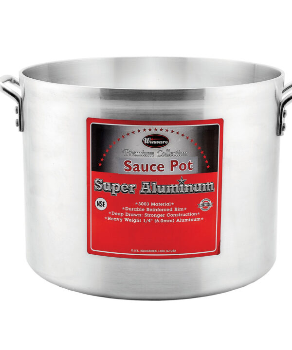 Winco ASHP-26 26-quart aluminum sauce pot in brushed aluminum finish, front view with riveted handles