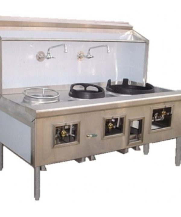 Commercial Chinese wok range in stainless steel with multiple wok chambers, front view