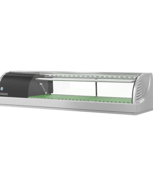 Hoshizaki HNC-120BA-L-SLH refrigerated sushi display case in stainless steel, curved front glass, left-side condenser