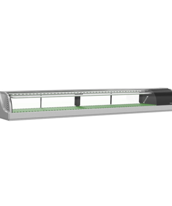 Hoshizaki HNC-210BA-R-SLH curved glass refrigerated sushi display case in stainless steel, front view