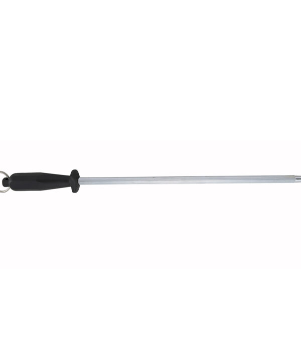 Winco K-14S 14" round sharpening steel in stainless steel with black plastic handle, side view