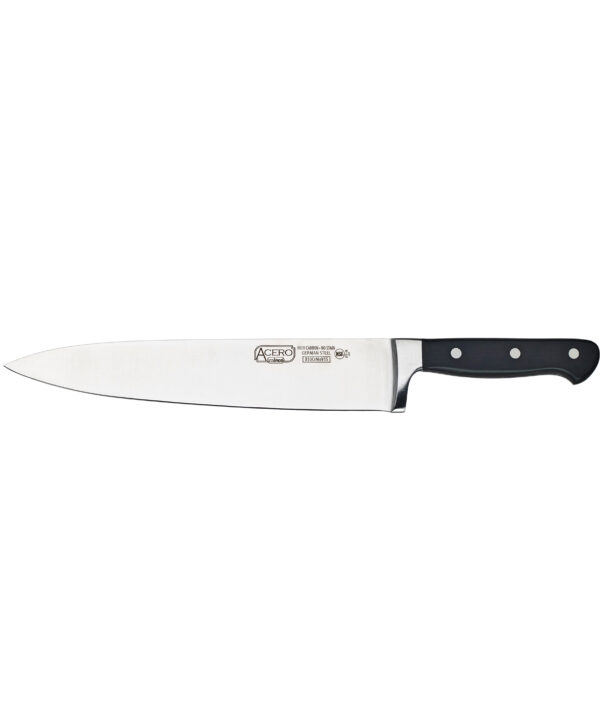 Winco KFP-100 Acero 10-inch forged chef knife in black POM handle, full blade view