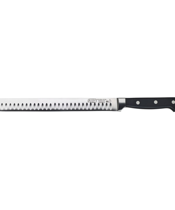 Winco KFP-102 Acero 10-inch granton edge fish/roast slicer knife with black POM handle, side view