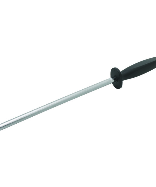 Winco KFP-123 Acero 12-inch diamond-coated round sharpening steel with black plastic handle, full view