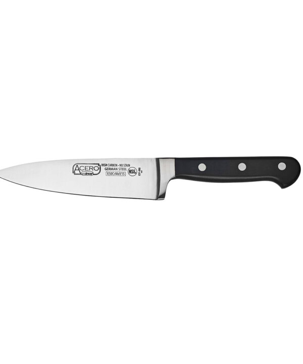Winco KFP-60 Acero 6-inch chef knife with black POM handle, side view