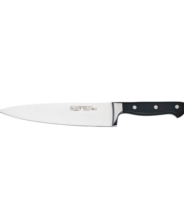 Winco KFP-80 Acero 8" forged chef knife with black POM handle, full blade side view