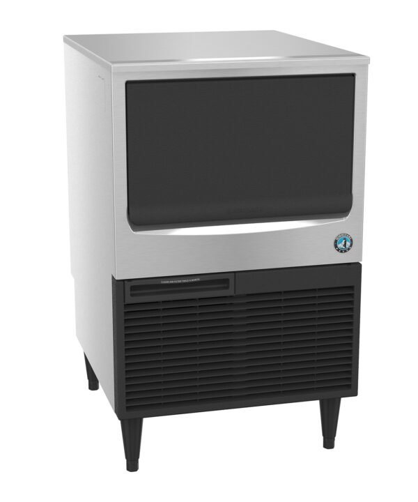 Hoshizaki KM-161BAJ undercounter crescent cube ice maker with bin in stainless steel, front view