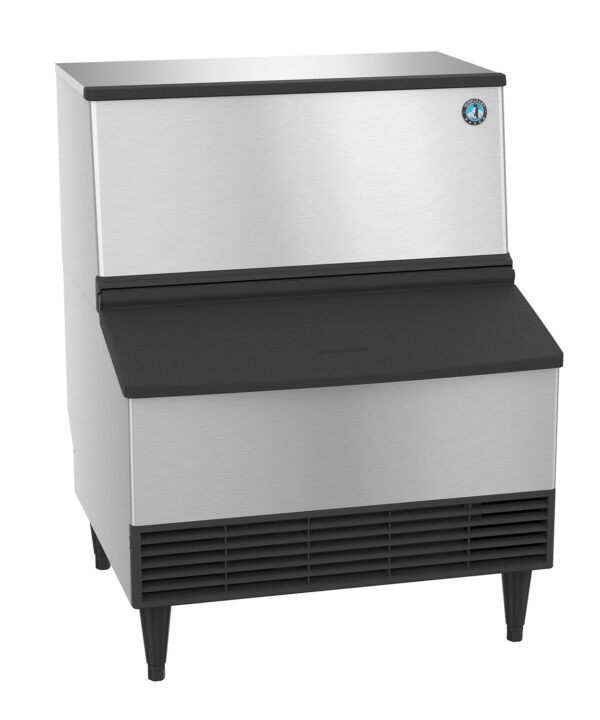 Hoshizaki KM-301BAJ undercounter crescent cube ice machine with bin in stainless steel, front view
