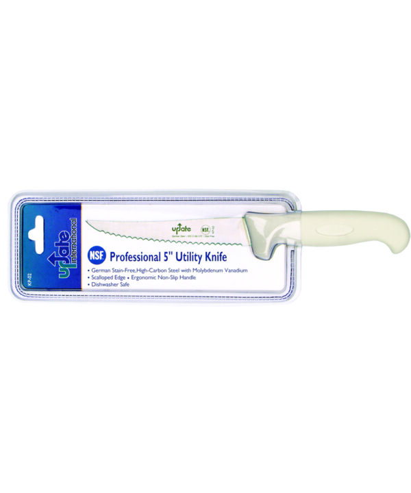 Winco KWP-50 Stäl utility knife with white polypropylene handle, side view
