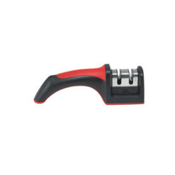 Winco KSP-2 2-stage manual knife sharpener in stainless steel with soft-grip handle, front view