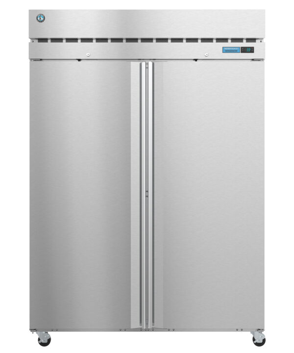 Hoshizaki R2A-FS two-section reach-in refrigerator in stainless steel, front view with doors closed