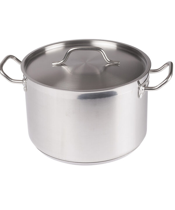 Winco SST-12 12 qt stainless steel induction stock pot with cover, front view