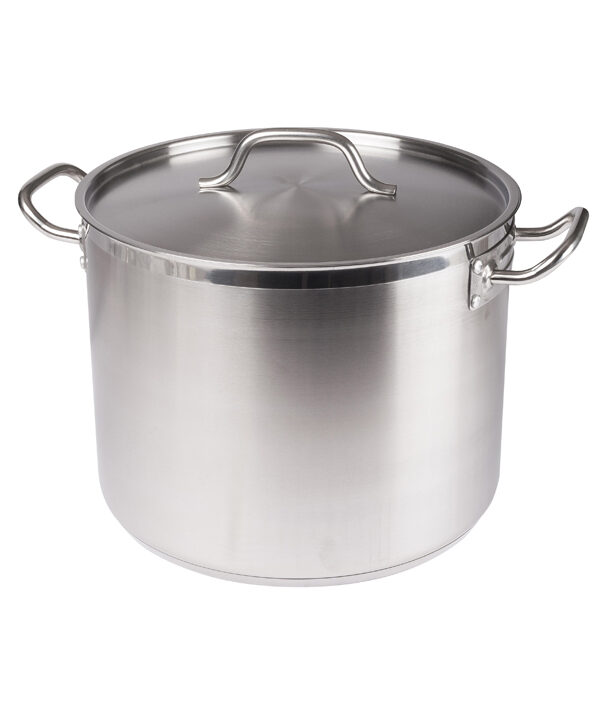 Winco SST-24 24 qt stainless steel induction stock pot with cover, front view