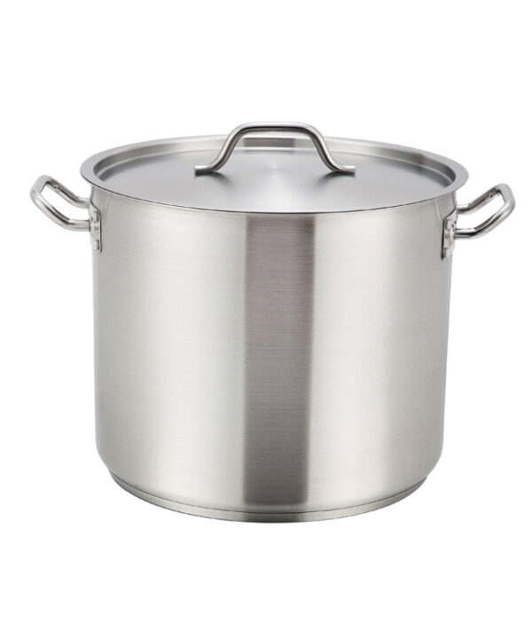 Winco SST-40 40 qt stainless steel induction stock pot with cover, front view