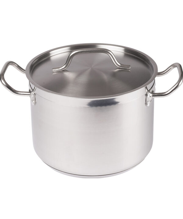Winco SST-8 8 qt stainless steel stock pot with cover, front view