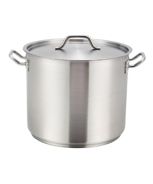 Winco SST-80 80 qt stainless steel induction stock pot with cover, front view