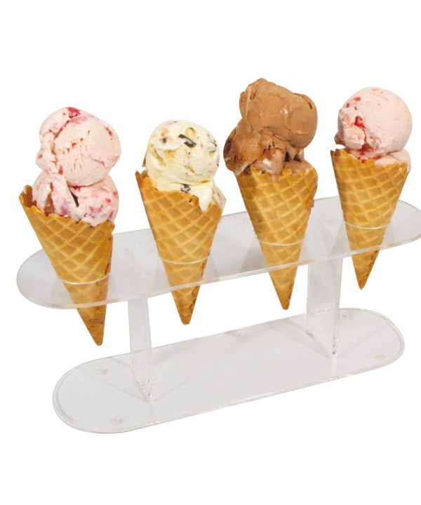 Winco ACN-4 ice cream cone holder in clear acrylic, front view with 4 cone slots