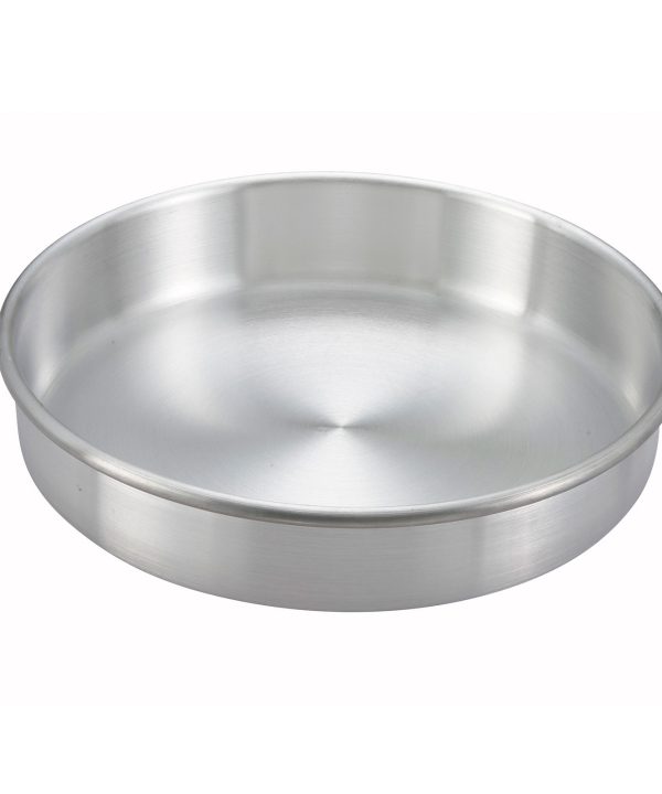 Winco ACP-083 round aluminum layer cake pan in silver, top angled view