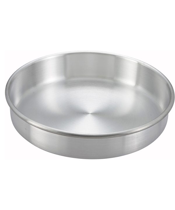 Winco ACP-093 9-inch round aluminum layer cake pan in silver, top angled view