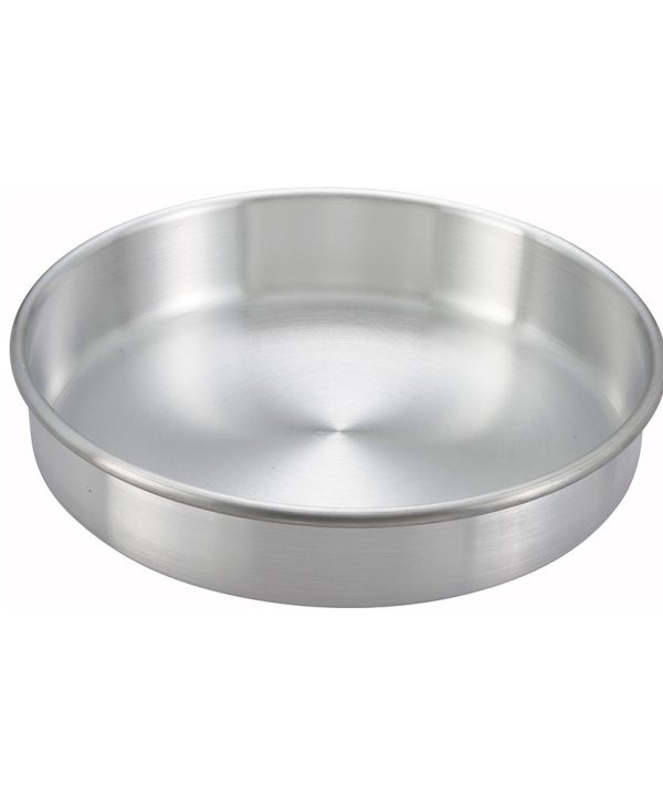 Winco ACP-123 round aluminum layer cake pan in silver, top angled view