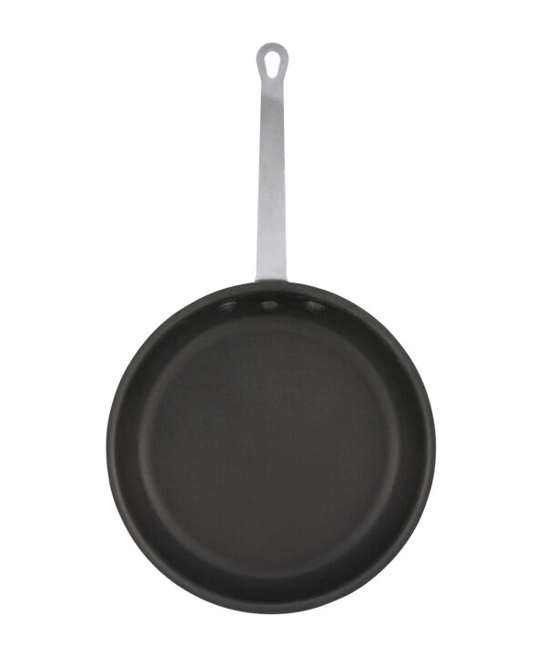 Winco AFP-7NS 7-inch non-stick aluminum Majestic fry pan with riveted handle, top angled view