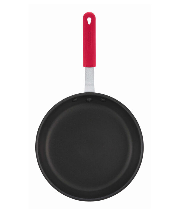 Winco AFP-8NS-H Majestic 8" non-stick aluminum fry pan in satin aluminum finish with riveted silicone-sleeve handle, top angled view