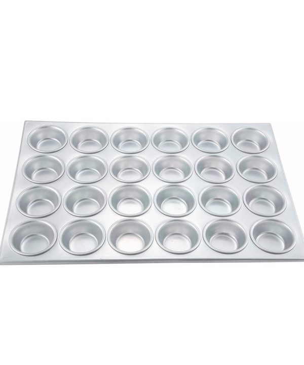 Winco AMF-24 24-cup aluminum muffin pan in silver, top view