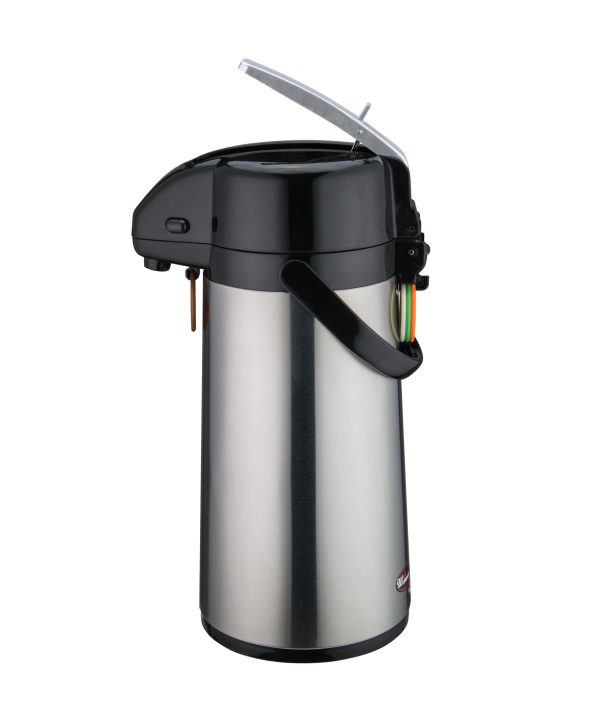 Winco AP-819 1.9L lever-top airpot in satin stainless steel, front view