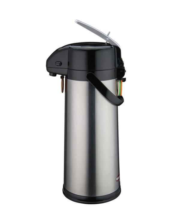 Winco AP-835 glass-lined coffee airpot in stainless steel satin finish, front view with lever top