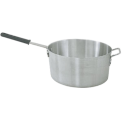 Winco ASP-10 10 qt. tapered aluminum sauce pan in natural finish, side view with riveted helper handle