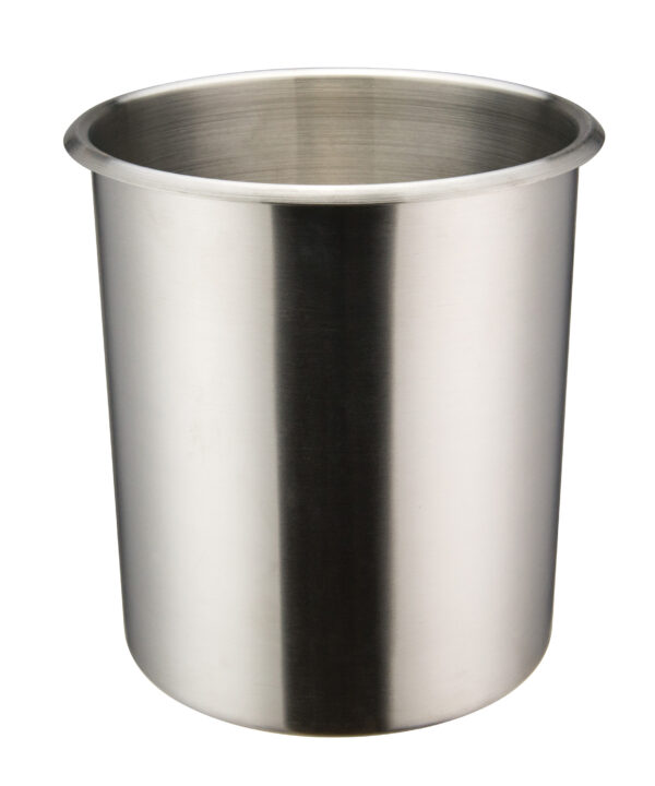 Winco BAM-6 6 qt. round bain marie pot in stainless steel mirror finish, front view