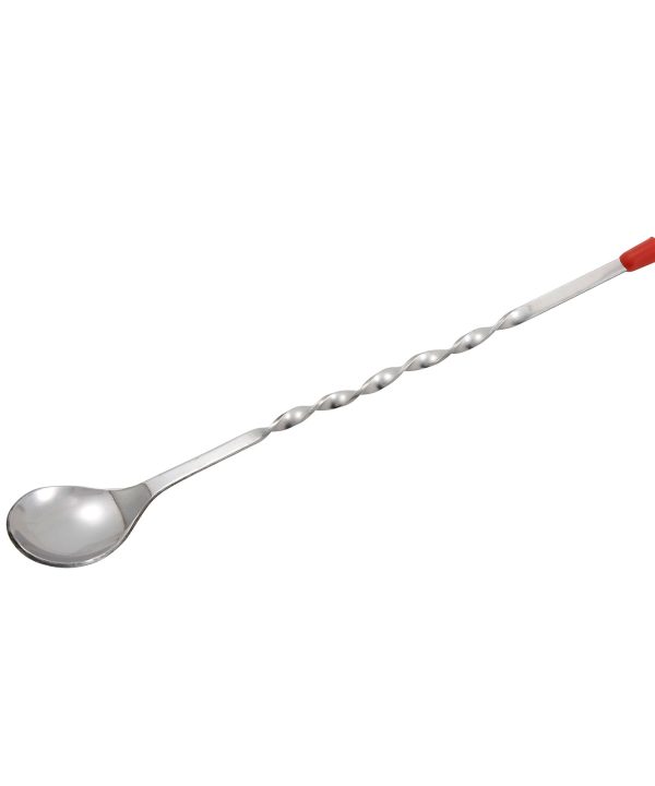 Winco BPS-11 stainless steel bar spoon with red knob, full length view