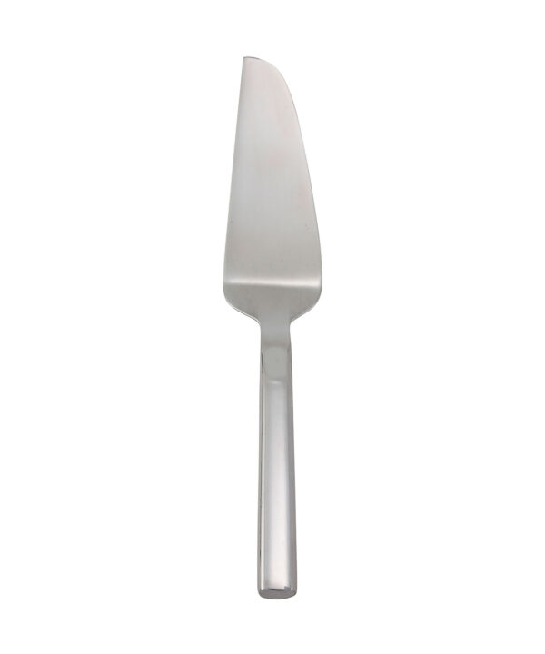 Winco BW-PS5 pie server in stainless steel, offset triangular blade with hollow handle, side view