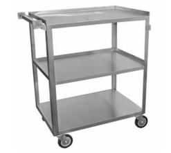 GSW C-3111 3-shelf stainless steel utility bus cart, angle leg with swivel casters, front view