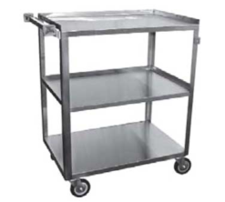 GSW C-3222 3-tier stainless steel bus cart in brushed stainless finish, front view