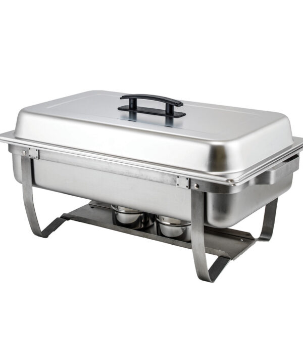 Winco C-4080 8 qt. full-size chafer in stainless steel with folding frame, front view
