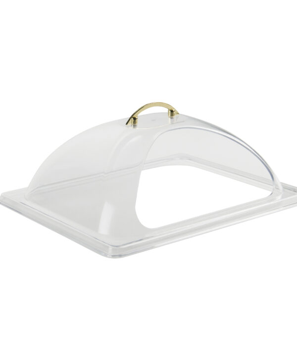Winco C-DPF2 half-size polycarbonate dome display cover in clear, side cut-out front view